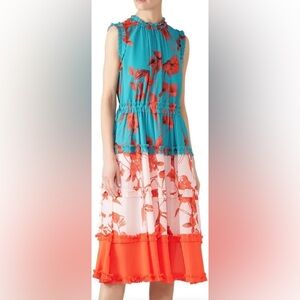 Ted Baker Floral Color Block Mid Dress Size 3 Tie Waist camelis print